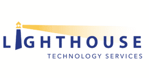 Lighthouse logo, white background with blue text and the I in Lighthouse is an illustration of a lighthouse shining light to the right